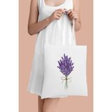 Cemira Lavanta, Lavender Tasarım Çiçek Tote Bag Bez Çanta, Omuz Çantası, Çiçek Çanta - 10D-Krem