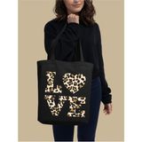 Cemira Leopar Love Siyah Kanvas Kalın Tote Bag, Shopper Bag, Omuz Çantası, Leopar Çanta - 10D-Krem