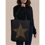 Cemira Leopar Star Siyah Kanvas Kalın Tote Bag, Shopper Bag, Omuz Çantası, Leopar Çanta - 10D-Krem