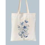 Cemira Mavi Çiçek Retro Ham Bez Tote Bag Çanta Pamuk Malzemeden Şık Tasarım 35*40 Ebatlarında - 10D-Krem