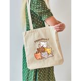 Cemira Meowtain Kedi Tasarım Meow Cat Ham Bez Tote Bag, Bez Çanta - 10D-Krem
