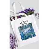 Cemira Monet - Zambaklar Baskılı Beyaz Kalın Su Geçirmez Kanvas Omuz Çantası Tote Bag - 10D-Krem
