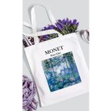 Cemira Monet - Zambaklar Baskılı Beyaz Kalın Su Geçirmez Kanvas Omuz Çantası Tote Bag