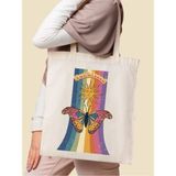 Cemira Sunkissed Kelebekli Tasarım Güneş Ham Bez Tote Bag Bez Çanta - 10D-Krem