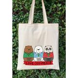 Cemira We Bare Bears, Kafadar Ayılar 3 Yakın Dost Baskılı Ham Bez Canta Tote Bag, Bez Çanta - 10D-Krem