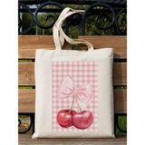 Cemira Y2k Cherry Bows Pink-Red Retro Tasarım Kirazlı Ham Bez Tote Bag Çanta, Pinterest Çanta - 10D-Krem