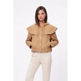 Cemo Kapüşonlu Pelerin Detaylı Metal Düğmeli Crop Ceket - Camel