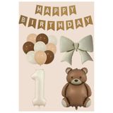 Çemrek Süs Parti Kraft Happy Birthday Yazısı Folyo Ayı Balon ve Fiyonk Balon Rakam Balon Seti 14 Parça