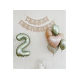 Çemrek Süs Parti Küf Yeşili 2 Yaş Folyo Balon Kraft Happy Birthday Banner ve Krem Yeşil Kalpli Folyo Balon Seti