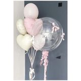 Çemrek Süs Parti Toz Pembe Bej Kalp Folyo Balonlu Şeffaf Bobo Fiyonklu Balon Demeti Seti 7 li