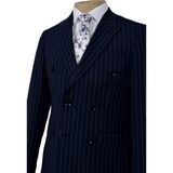 Cengiz İnler Dik Nokta Çizgili Kruvaze Slim Fit Erkek Takım Elbise - 48 - Lacivert - Beyaz