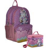 Cennec Dondurma Yiyen Unicorn Desenli Kız Çocuk Mor Pembe Ikili Çanta ve Beslenme Seti - SETUMT5003B - Pembe - Mor