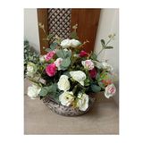 Cennet Home Renkli Gül Bahçesi Aranjmanı Oymalı Antik Desenli Vazoda 30x30 cm Masaüstü Dekoratif Yapay Çiçek