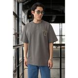 Cep Baskılı Iki Iplik Kumaş Pamuklu Oversize Erkek T-Shirt - Kapari - Gri - XL