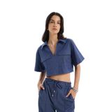 Cep Detaylı Kot Görünümlü Crop Bluz İndigo