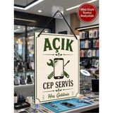 Cep Servis Açık Kapalı Tabelası Çift Taraflı Mdf 15X20CM - Ultra Güçlü Vantuz Hediyeli / Cep Servis Cam Kapı Askı Tabelası - 15x20 cm