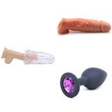 Cep Vajinası Erkek Mastürbatörü + Gerçekçi Penis Kılıf Uzatıcı 15 cm + Anal Tıkaç Elmas Taşlı Küçük