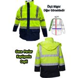 Cepli Reflektif Fosforlu Fermuarlı Kaban Kapüşonlu Mont Parka Sarı Lacivert Kaban Işçi Parkası. - XL