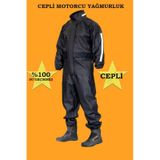 Cepli Su Geçirmez Ekstra Esnek Motorcu Yağmurluk Takım Siyah
