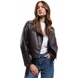 Cepli Uzun Kollu Fermuarlı Kruvaze Suni Deri Biker Ceket - Kahve - 36