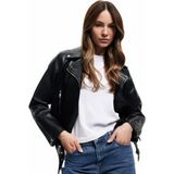Cepli Uzun Kollu Fermuarlı Kruvaze Suni Deri Biker Ceket - Siyah - 42