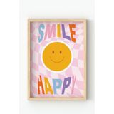 Çerçeveli Motivasyon Tablosu – Smile Happy Yazılı Poster, Renkli Dekoratif Duvar Dekoru Bej 30 x 40