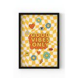 Çerçeveli Retro Poster – Good Vibes Only Yazılı Duvar Tablosu, Renkli Dekoratif Ev Dekoru Siyah 21 x 30