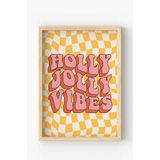 Çerçeveli Retro Poster – Holly Jolly Vibes Yazılı Renkli Tablo, Dekoratif Duvar Dekoru Bej 30 x 40