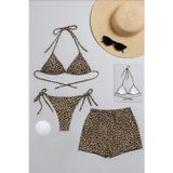 Çerçici 3'Lü Set Leopar Desenli Şortlu Ve Yandan Bağlamalı Bikini Mayo Takımı