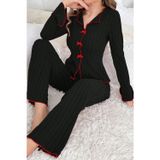 Çerçici Siyah Kırmızı Biyeli Ve Fiyonklu Uzun Kollu Mevsimlik Pijama Takımı