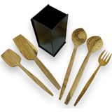 Ceren Wooden Zeytin Ağacı 5 Parça Set Handmade Ahşap Kaşık Spatula Çatal Kevgir Maşa Kutu