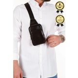 CERFF LEATHER CLUP Siyah Hakiki Deri Telefon Bölmeli & Kulaklık Çıkışlı Omuz & Bel Çantası