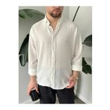 çerme Erkek Beyaz Oversize Keten Dokulu Gömlek
