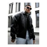 çerme Erkek Yeni Sezon Oversize Siyah Bomber Deri Mont
