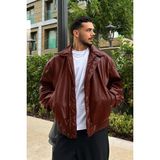 Çerme Vintage Erkek Oversize Bordo İmitasyon Deri Ceket Kolej Yaka Orta Kalınlıkta