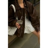 Çerme Vintage Kadın Oversize Kahverengi Deri Ceket - 0-Kahverengi