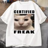 Certified Freak Cat Meme T Shirt Cotton Short Sleeve Match My Freak Hard T-Shirts Casual O Ne - Beyaz
