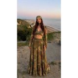 CES.İZ Kadın Kahverengi Hint İşlemeli İkili Takım Boho Otantik Crop Bluz Maksi Etek Seti