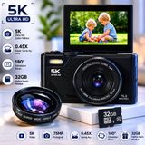 Çeşithane 75MP 5K Dijital Kamera Lensli, 0.45X Geniş Açılı Lensli WiFi Vlog Kamera, 180° Döner Ekranlı 18X Zoom Fotoğraf Makinesi