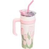 CetKing Diller 1200ML Pembe Lale Desenli Tumbler Pipetli/pipetsiz Kulplu Paslanmaz Çelik Termos