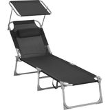 CetKing GCB192B01 Şezlong, Baş Destekli Rahatlama Şezlongu, Sırtlık ve Güneş Şemsiyesi, Eğilebilir, Hafif, Katlanabilir, 53 x 193 x 29,5 Cm, Taşıma Kapasitesi 150 Kg, Bahçe, Siyah