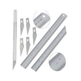 Cetvel 30 cm ve Kretuar Bıçağı 5 Yedek Bıcaklı 1 Adet Paslanmaz Çelik Metal Çetvel 30 Santim - Standart