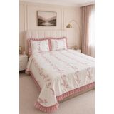 Çeyiz Diyarı Ruffle Rose Nakışlı Şönil 3 Parça Çift Kişilik Yatak Örtüsü Krem Pudra