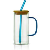 Çeyizde Bambu Kapaklı 400 ml Borisilikat Sızdırmaz Cam Kupa - Hediyelik Cam Kupa Yılbaşı Ögretmenler Günü Hediyesi Cam Bardak - 1 Adet - Mavi
