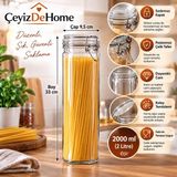 Çeyizde Korken 2000 ml Yuvarlak Spagetti Kavanozu Vakumlu Kilitli Cam Saklama Kavanozu - 2 Litre