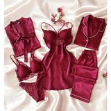 Çeyize Dair Herşey Bonita Bordo Saten 6 Lı Gecelik Sabahlık Çeyiz Seti - XL