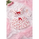 Çeyize Dair Herşey Kadın Çilek Desenli Fırfırlı Bralet ve Mini Etek Takımı 3 Parça - Beyaz - L - XL