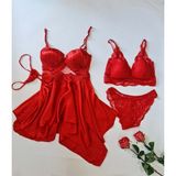 Çeyize Dair Herşey Passion Red Satin 4 Lü Gecelik Seti - Kırmızı - XL