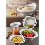 Çeyizlik 5’li Katlanır Süzgeç Seti – Pratik, Yer Tasarruflu Akordiyon Tasarım - Beyaz - BPA Free
