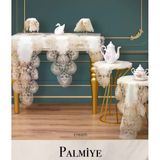 Çeyizlik Palmiye Model Krem-Krem 5 Parça Keten Masa Örtüsü Runner Seti Salon Dekorasyonu